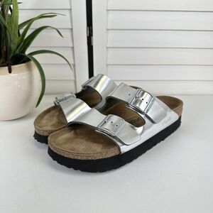 Birkenstock Papillio Silver Arizona Platform Sandals Slip On Shoes EU 41 L10 M8